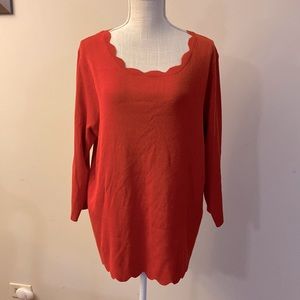Cable & Gauge woman orange red scallop crew neck ribbed blouse, 3/4 sleeve 1X